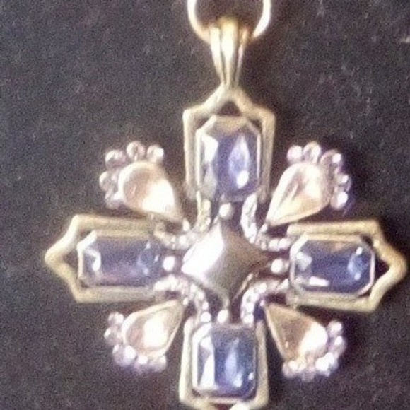 Vintage Cross Pendant Necklace Antiqued Gold Tone Blue Rhinestone, Chain - Picture 5 of 8